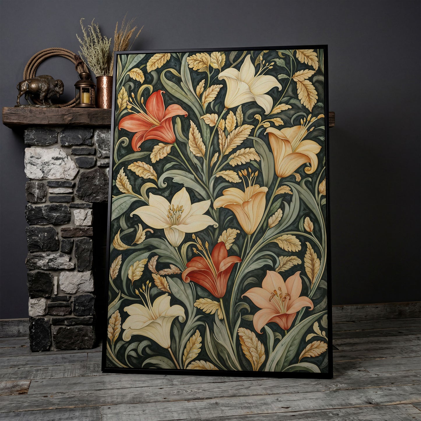 Lilies with Green Leaves Canvas Print in black floating frame