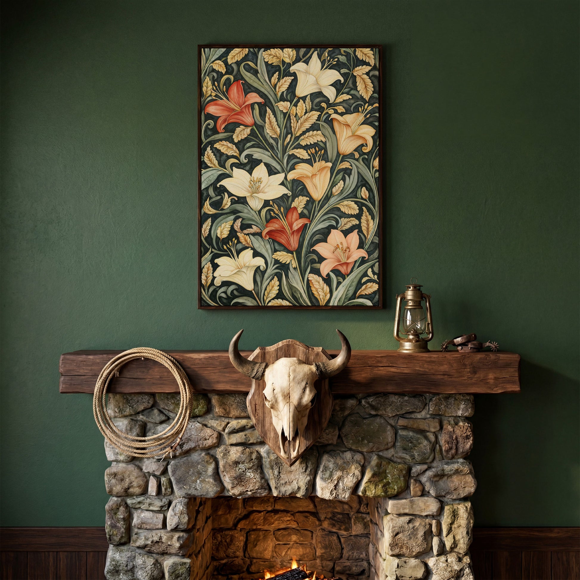 Lilies with Green Leaves Canvas Print in dark walnut floating frame