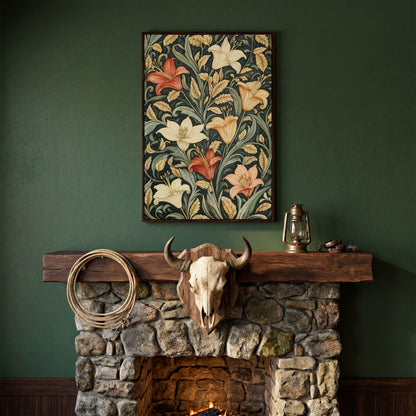 Lilies with Green Leaves Canvas Print in dark walnut floating frame