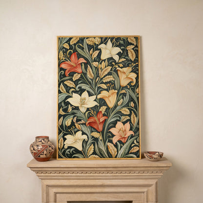 Lilies with Green Leaves Canvas Print in white oak floating frame