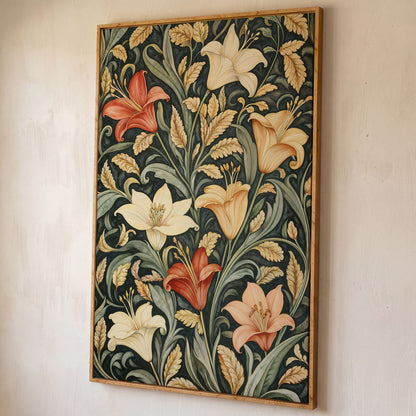 Lilies with Green Leaves Canvas Print shown in white oak floating frame