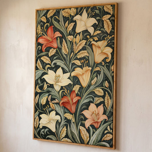 Lilies with Green Leaves Canvas Print shown in white oak floating frame