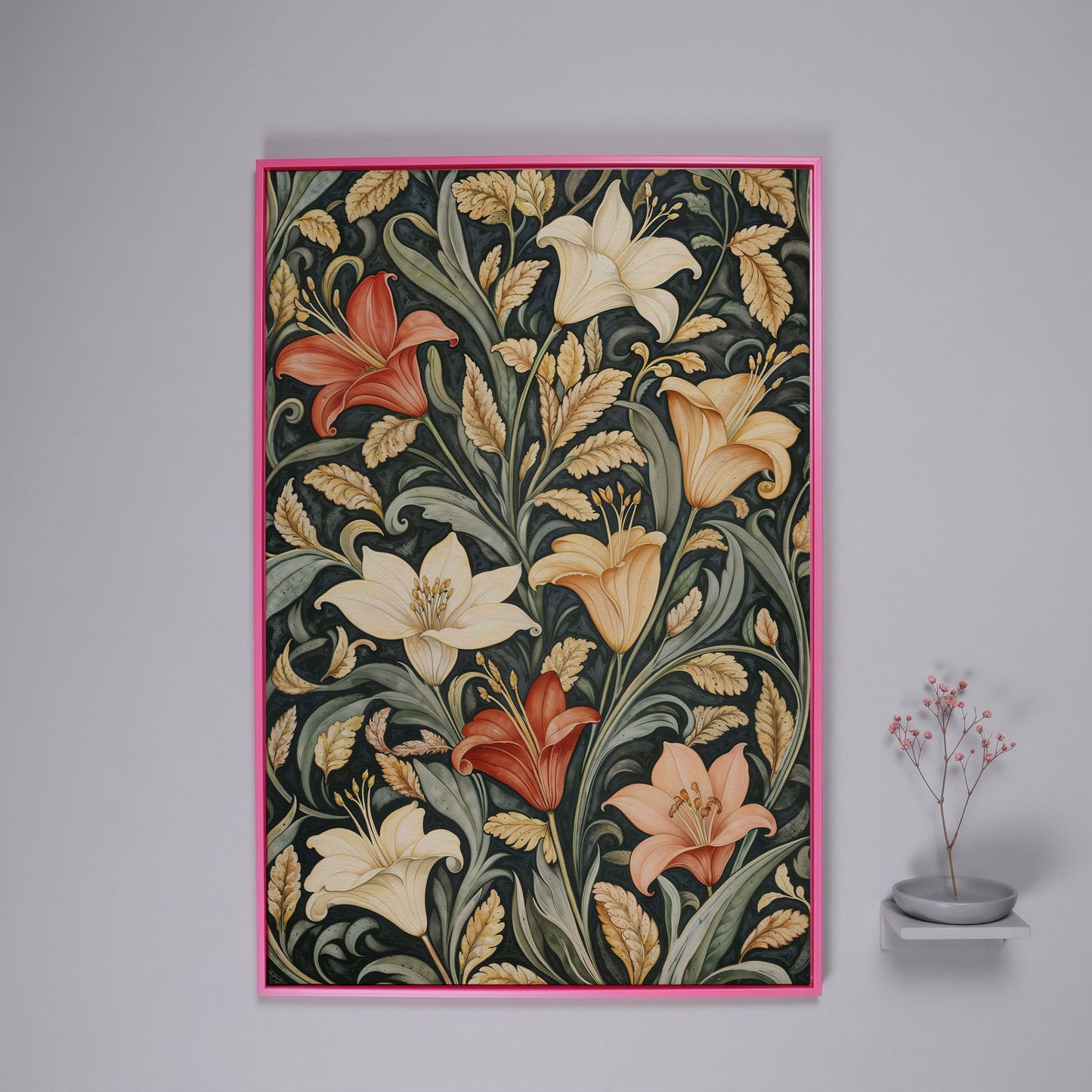 Lilies with Green Leaves Canvas Print in pink floating frame