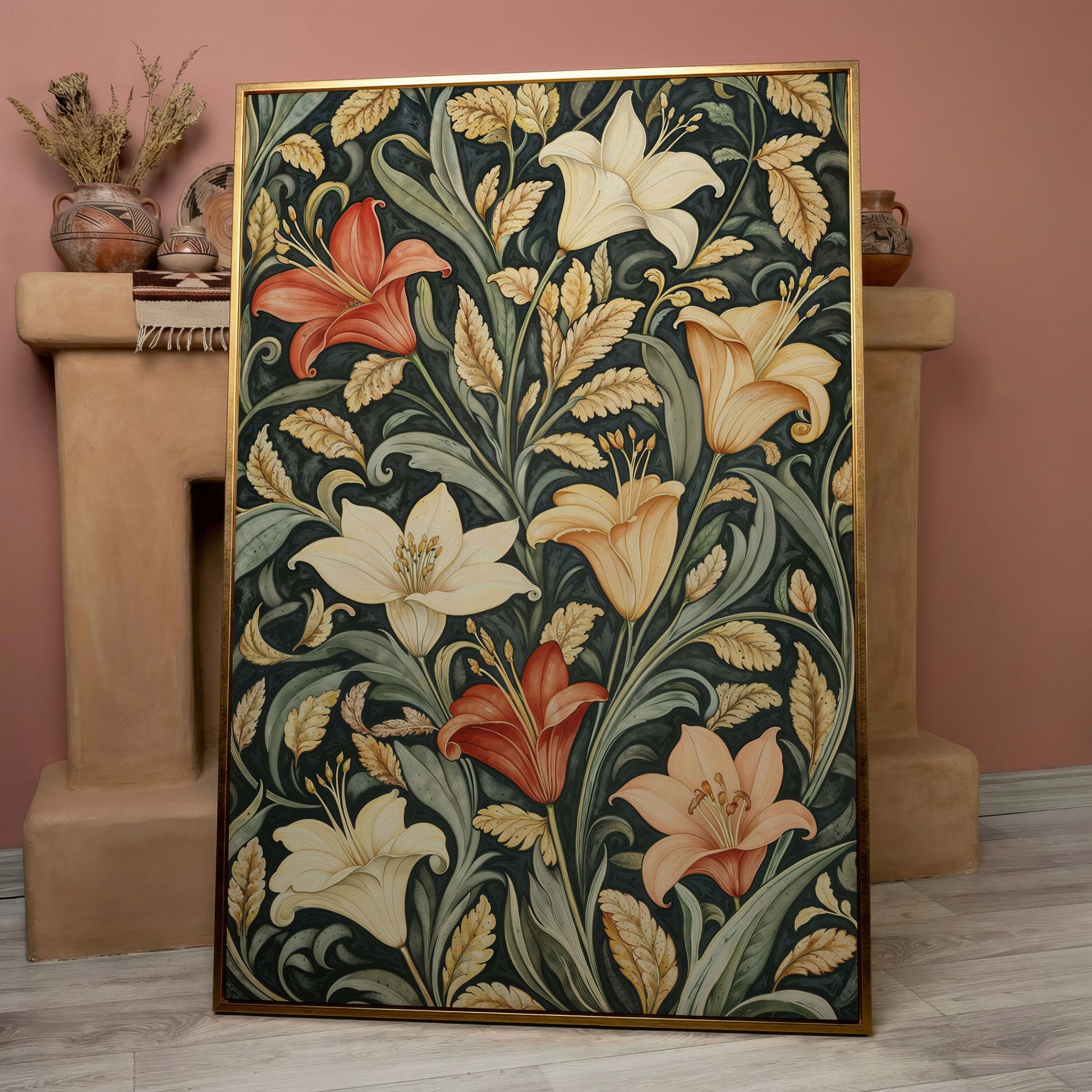 Lilies with Green Leaves Canvas Print in rose gold floating frame
