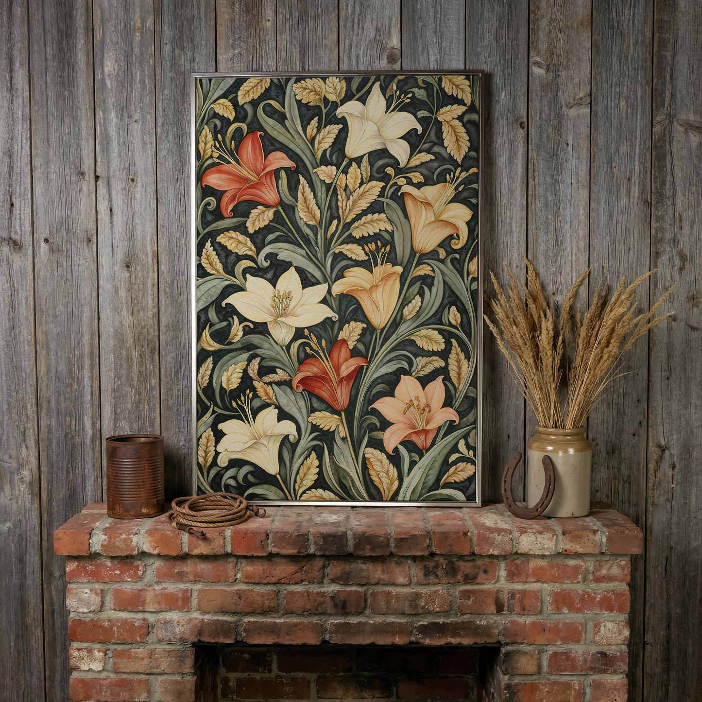 Lilies with Green Leaves Canvas Print in silver floating frame
