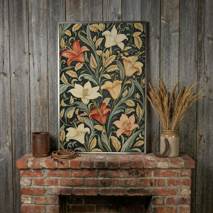 Lilies with Green Leaves Canvas Print in silver floating frame
