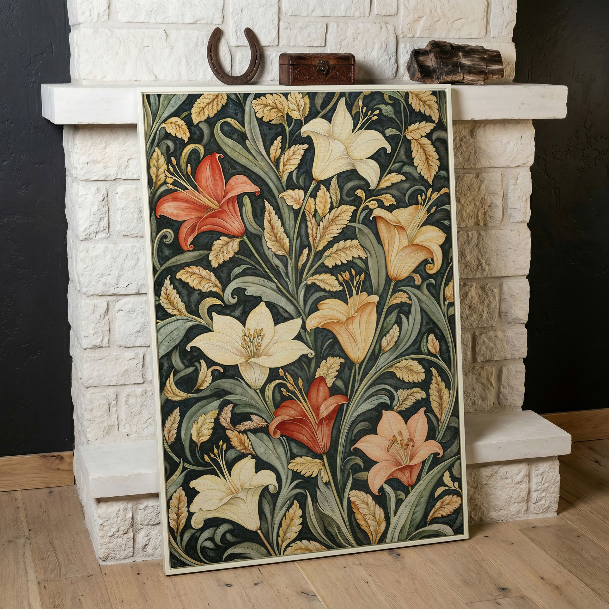 Lilies with Green Leaves Canvas Print in white floating frame