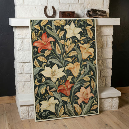 Lilies with Green Leaves Canvas Print in white floating frame