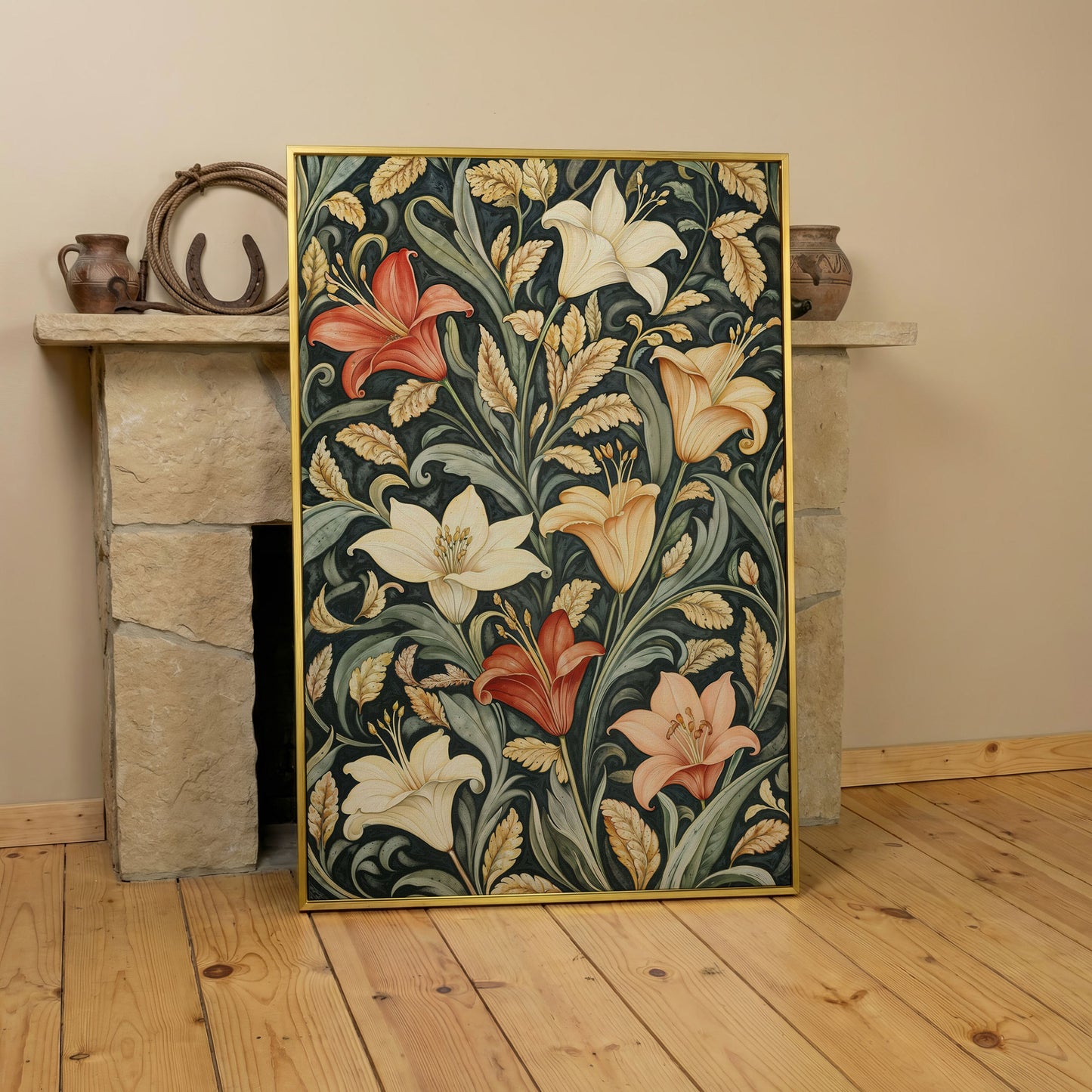 Lilies with Green Leaves Canvas Print in yellow gold floating frame
