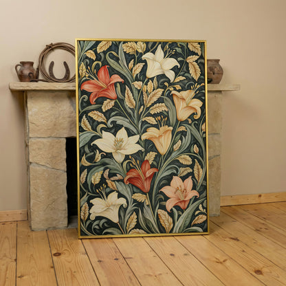 Lilies with Green Leaves Canvas Print in yellow gold floating frame