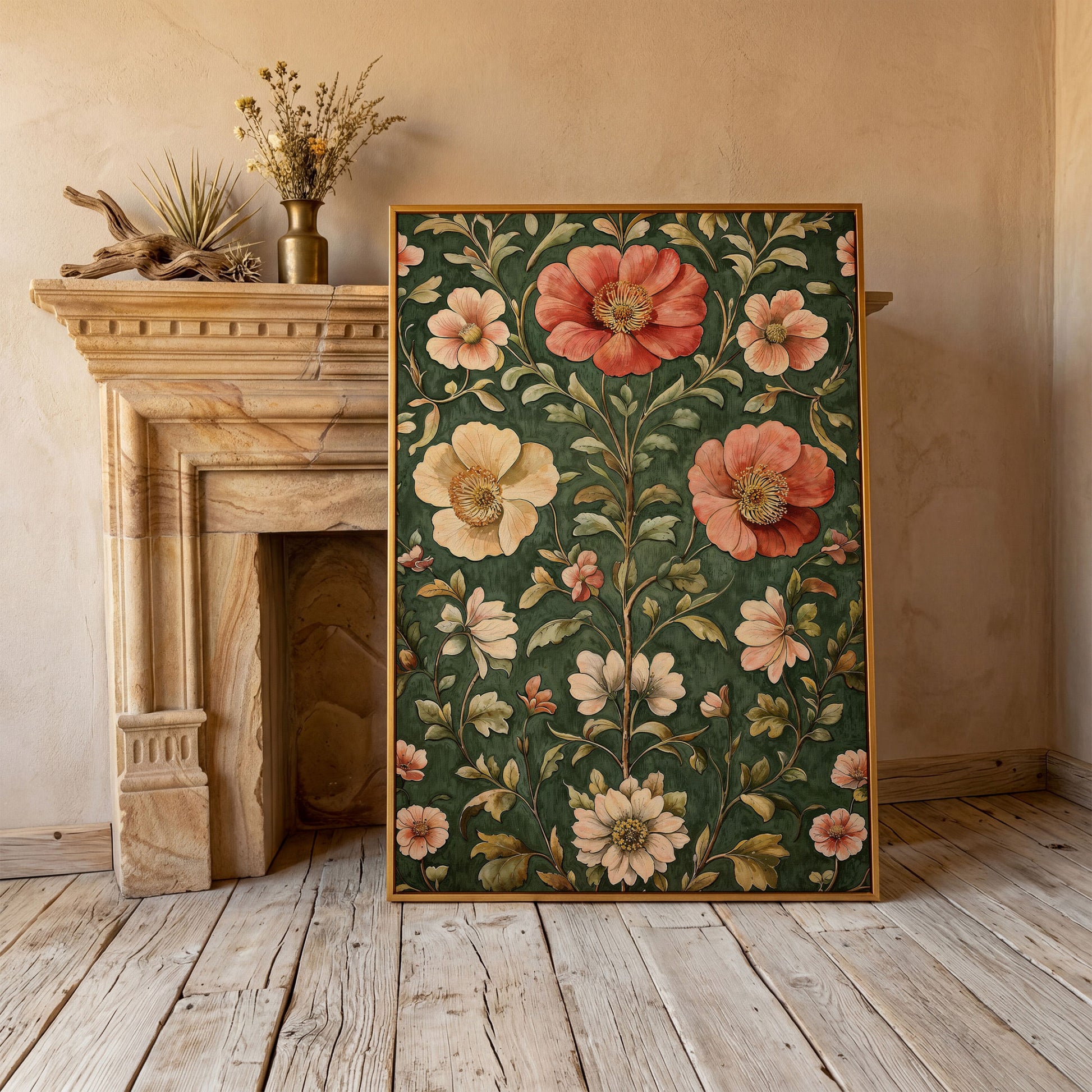 Vintage Floral Elegance Canvas in Forest Green and Salmon in antique gold floating frame