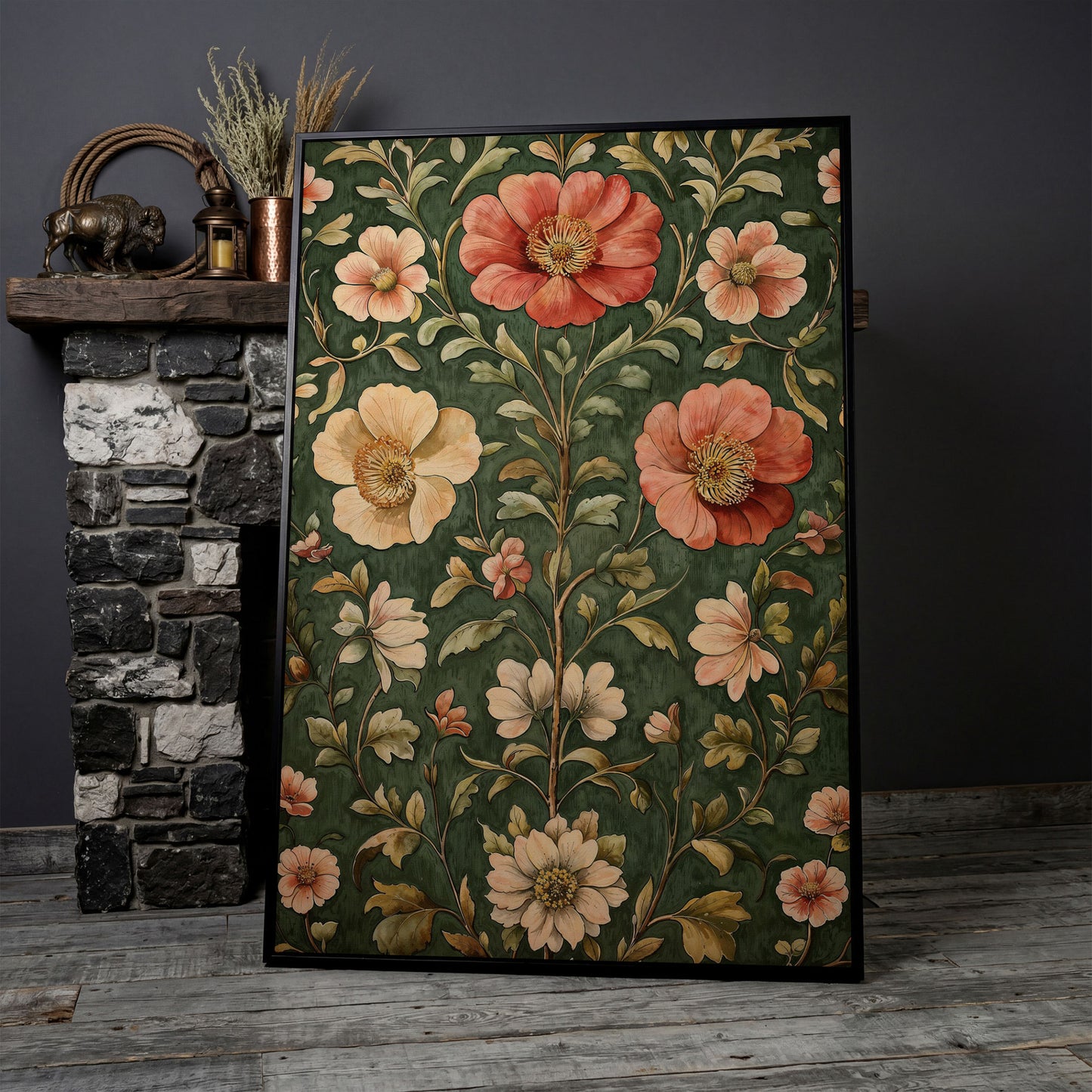 Vintage Floral Elegance Canvas in Forest Green and Salmon in black floating frame