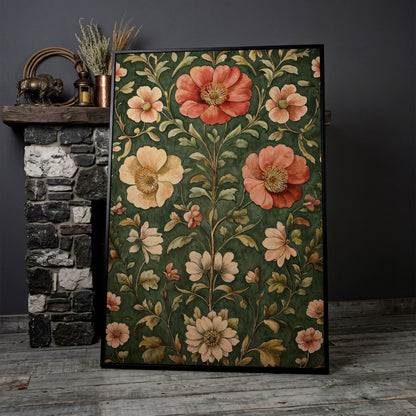 Vintage Floral Elegance Canvas in Forest Green and Salmon in black floating frame