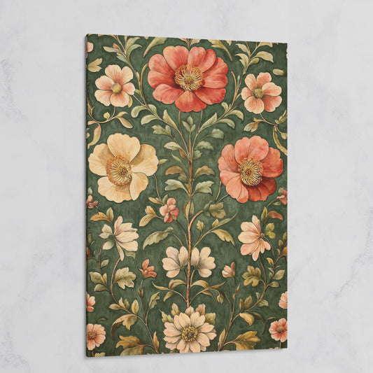 Vintage Floral Elegance Canvas in Forest Green and Salmon on gallery wrap