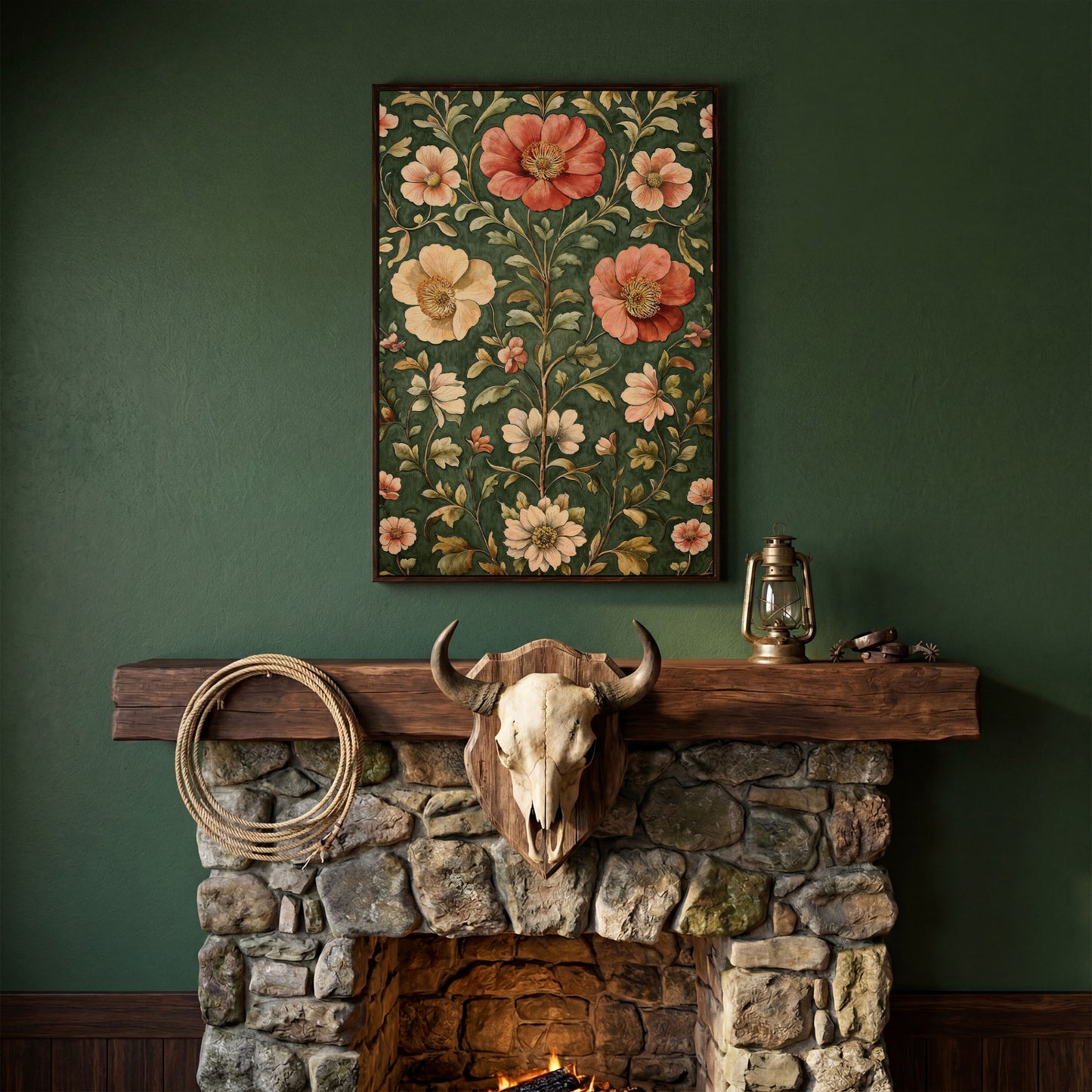 Vintage Floral Elegance Canvas in Forest Green and Salmon in dark walnut floating frame