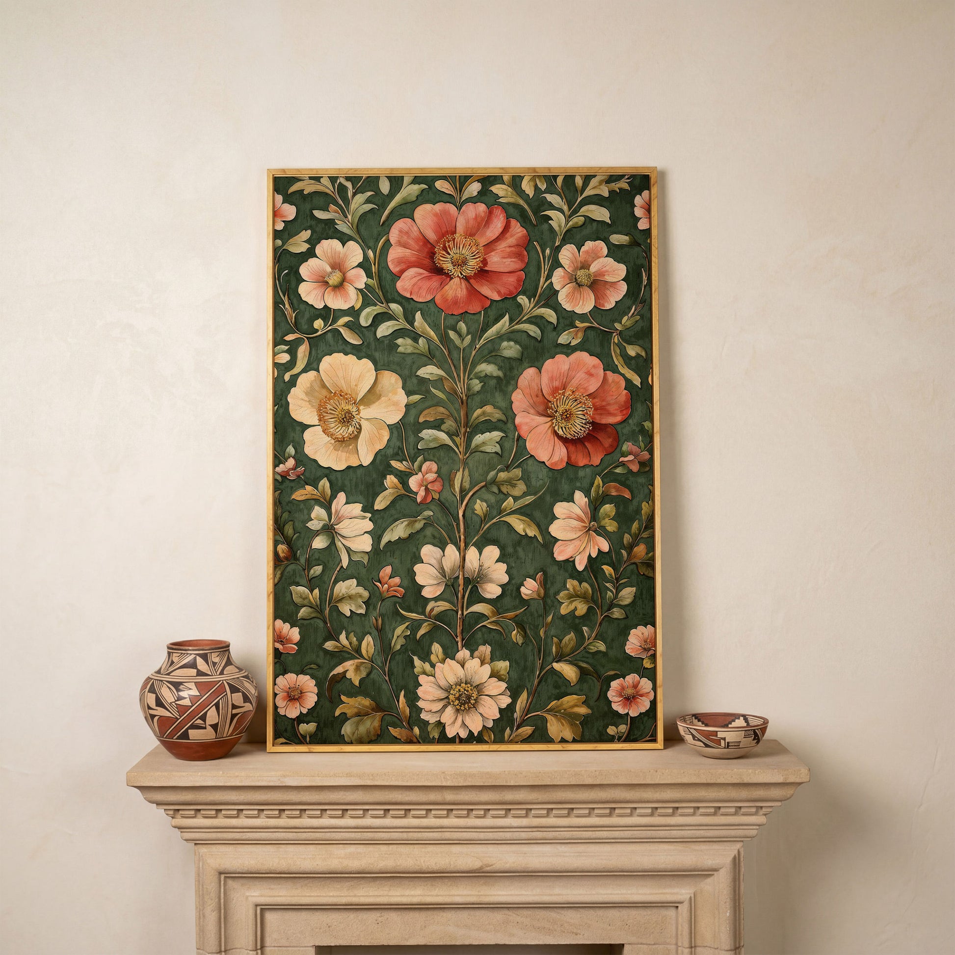 Vintage Floral Elegance Canvas in Forest Green and Salmon in white oak floating frame