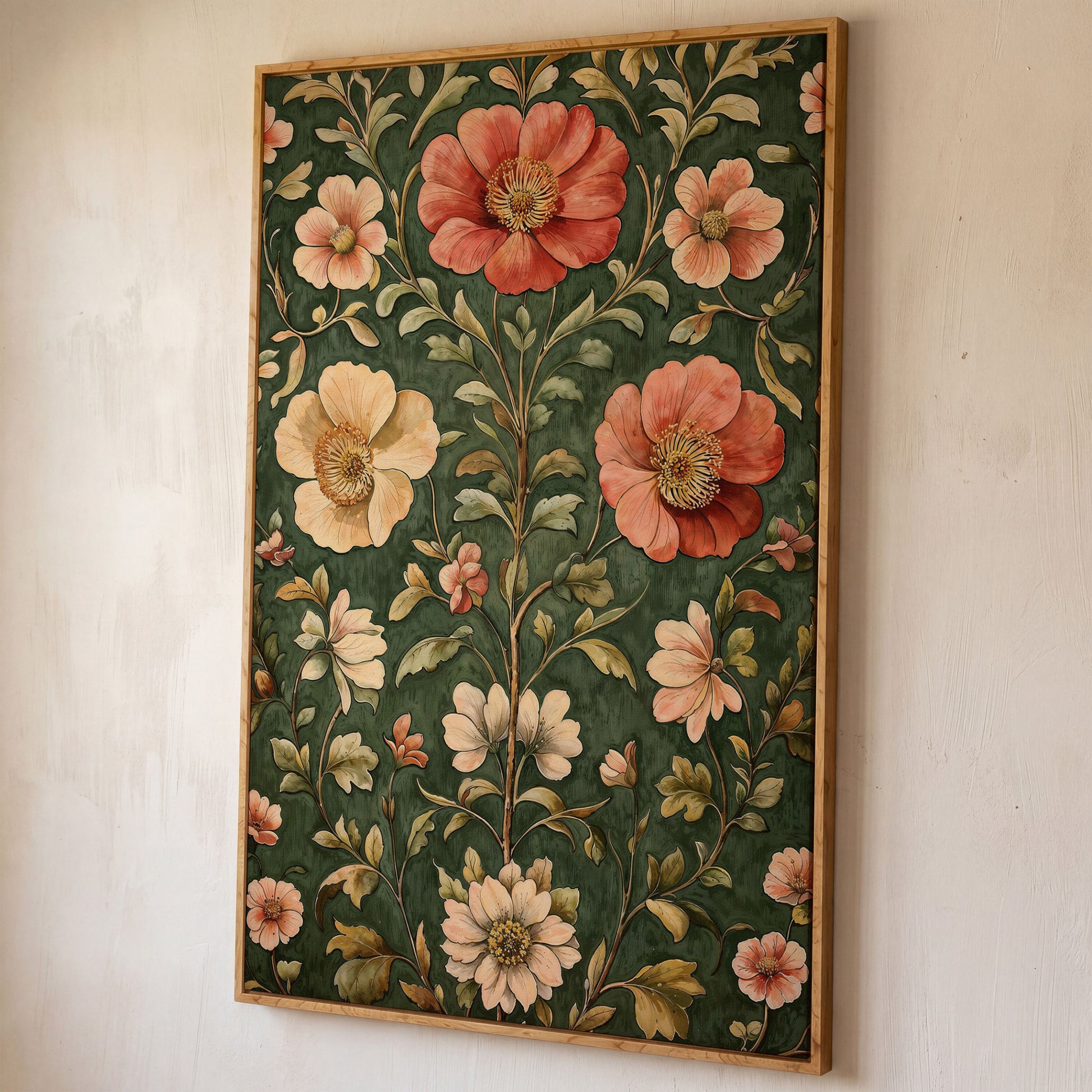 Vintage Floral Elegance Canvas in Forest Green and Salmon shown in white oak floating frame