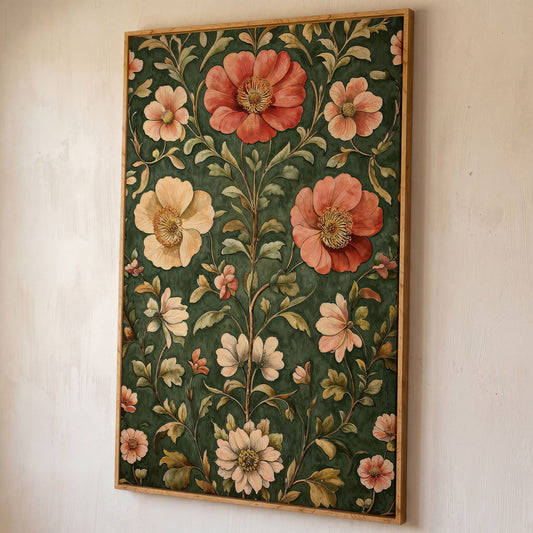 Vintage Floral Elegance Canvas in Forest Green and Salmon shown in white oak floating frame