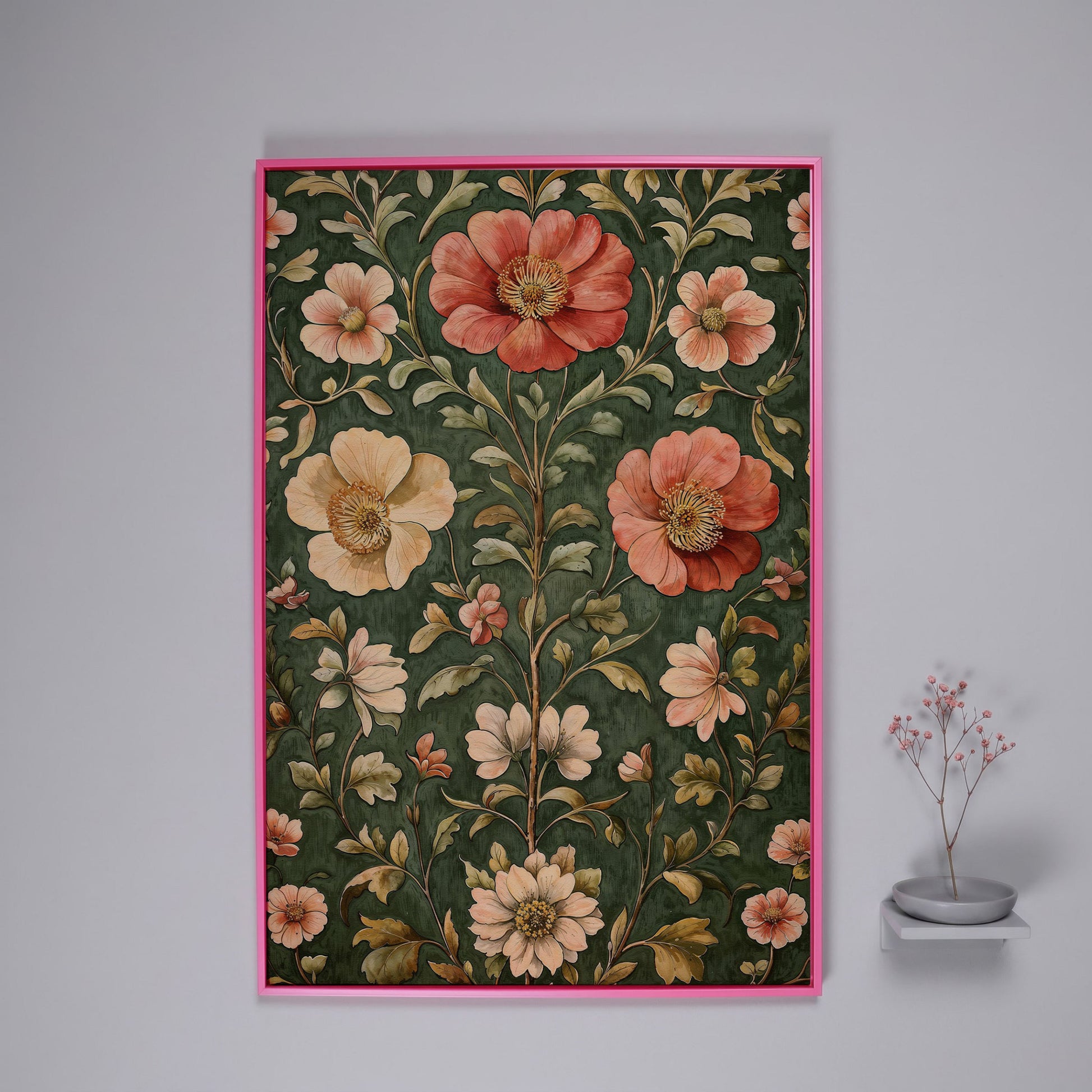 Vintage Floral Elegance Canvas in Forest Green and Salmon in pink floating frame