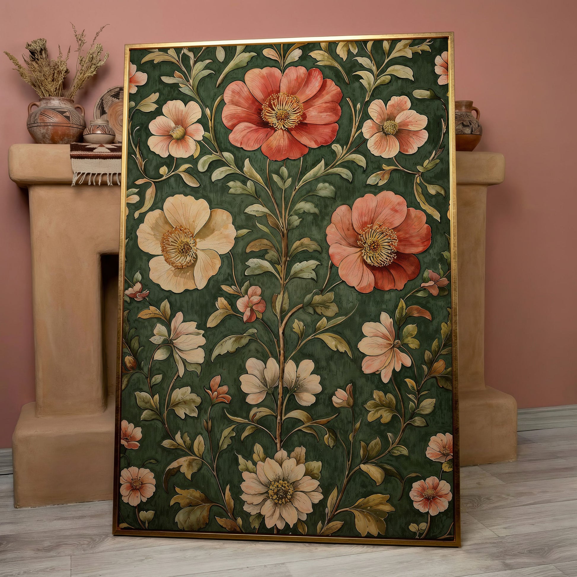Vintage Floral Elegance Canvas in Forest Green and Salmon in rose gold floating frame