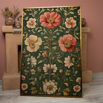 Vintage Floral Elegance Canvas in Forest Green and Salmon in rose gold floating frame
