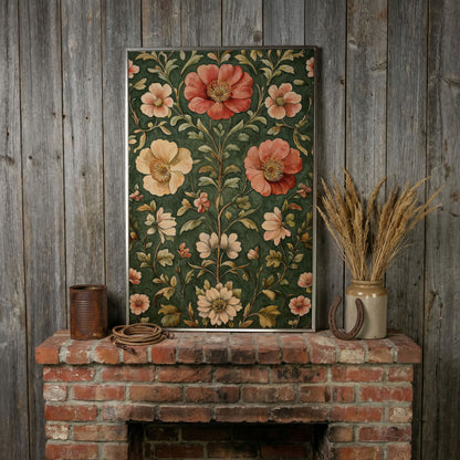 Vintage Floral Elegance Canvas in Forest Green and Salmon in silver floating frame