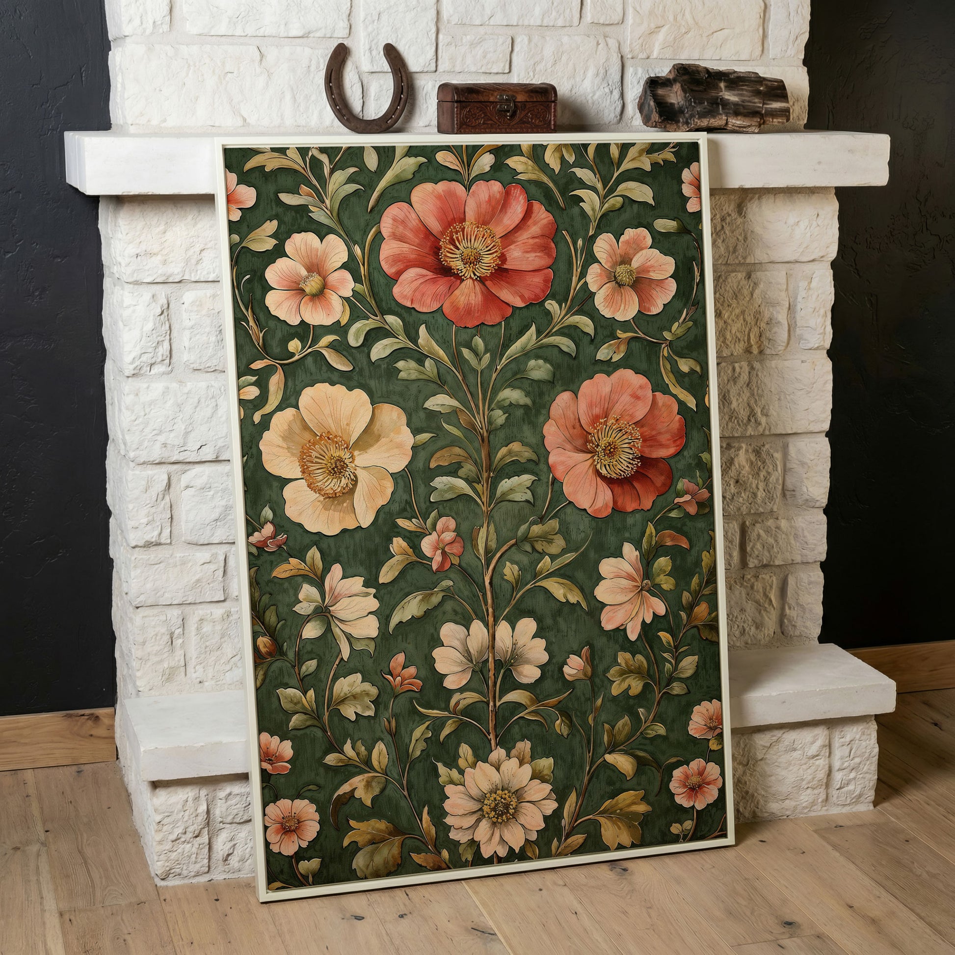Vintage Floral Elegance Canvas in Forest Green and Salmon in white floating frame