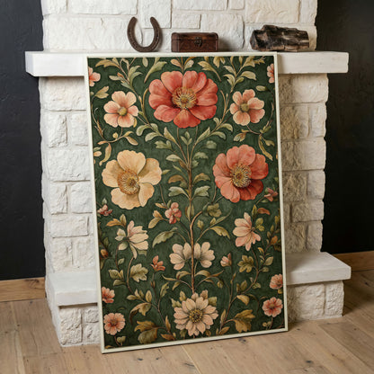 Vintage Floral Elegance Canvas in Forest Green and Salmon in white floating frame