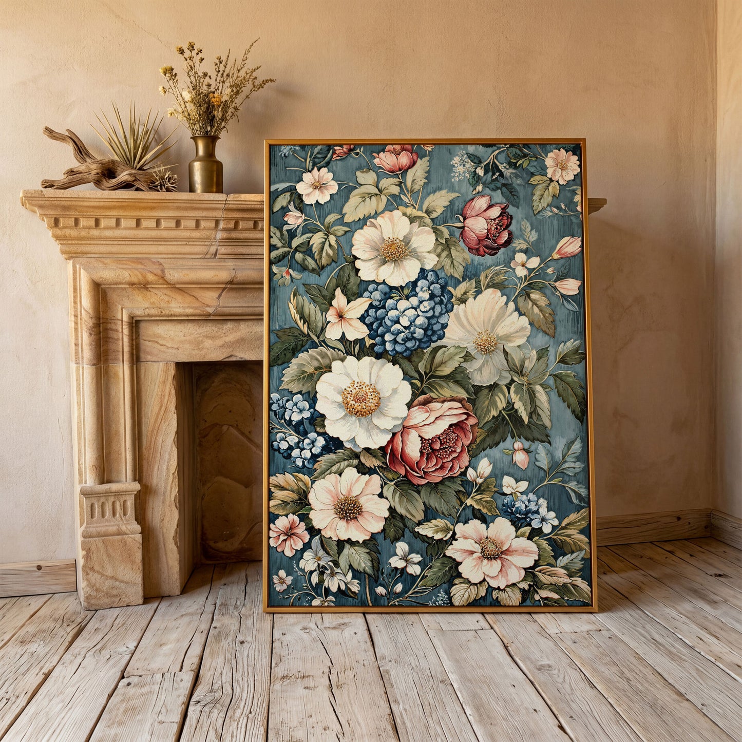 Floral Beauty Canvas Print with Dusty Blue & Blush Blooms in antique gold floating frame
