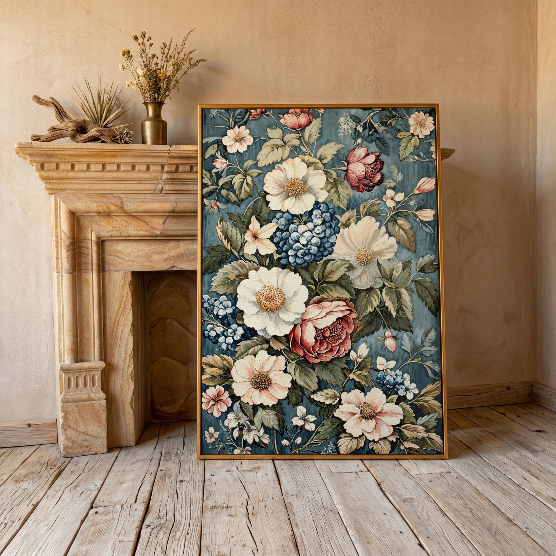 Floral Beauty Canvas Print with Dusty Blue & Blush Blooms in antique gold floating frame