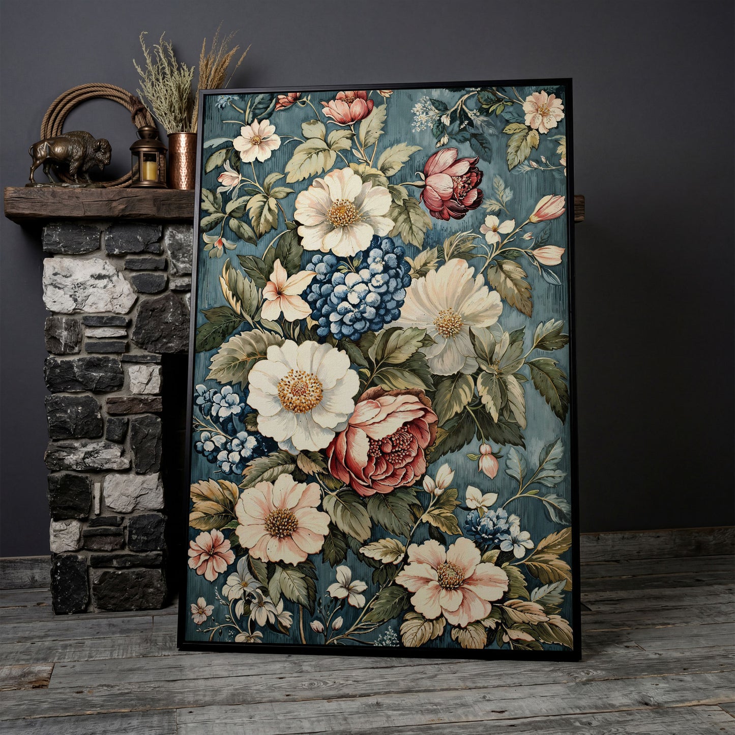 Floral Beauty Canvas Print with Dusty Blue & Blush Blooms in black floating frame