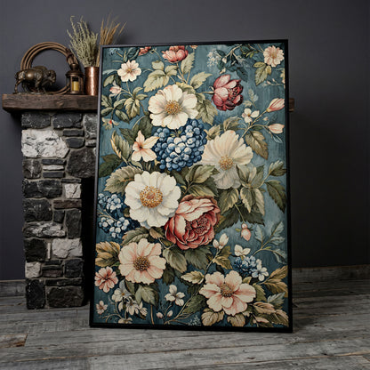 Floral Beauty Canvas Print with Dusty Blue & Blush Blooms in black floating frame