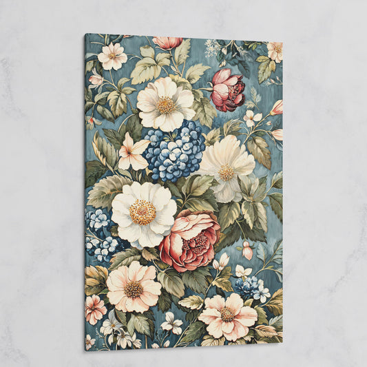 Floral Beauty Canvas Print with Dusty Blue & Blush Blooms on gallery wrap