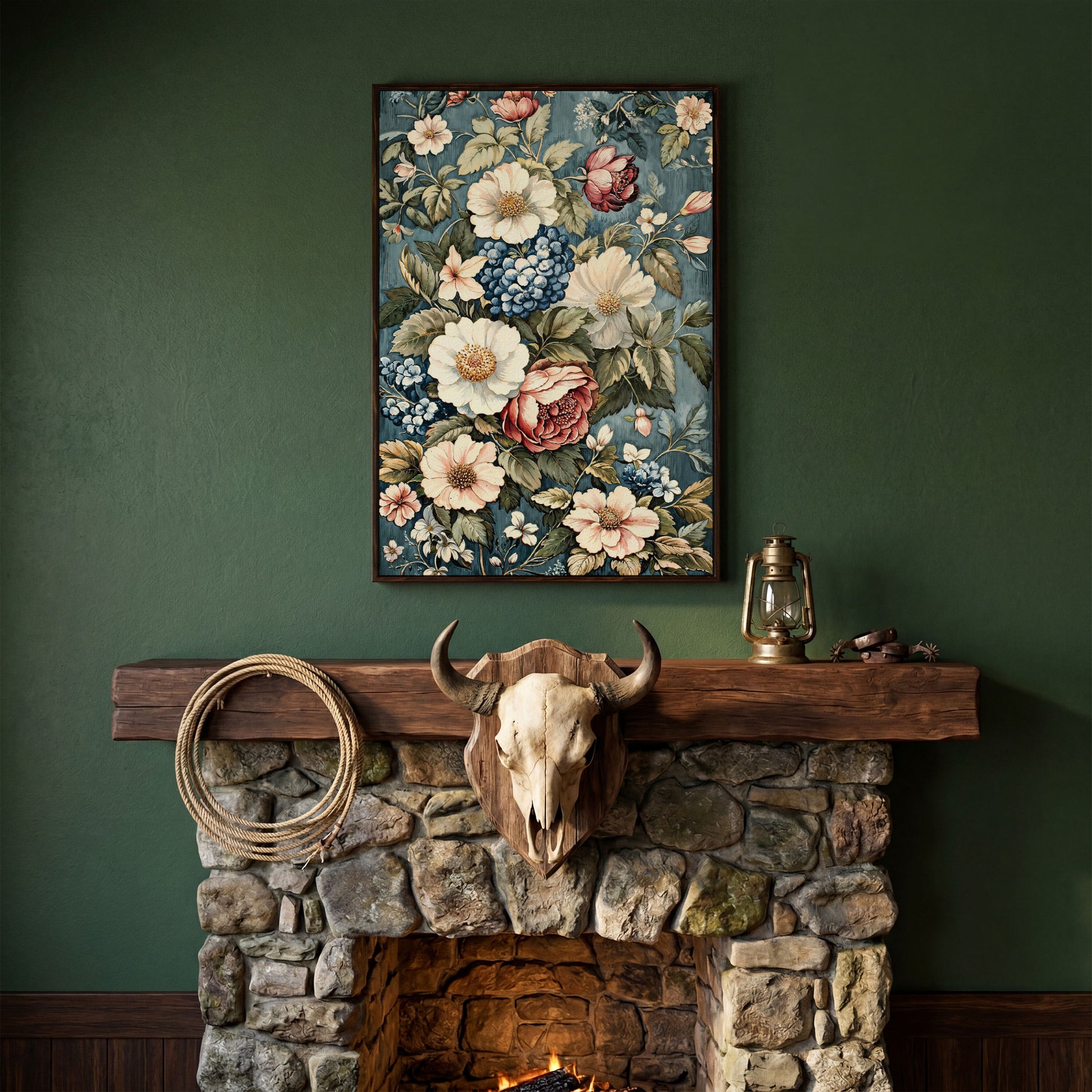Floral Beauty Canvas Print with Dusty Blue & Blush Blooms in dark walnut floating frame