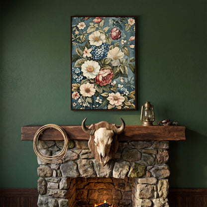 Floral Beauty Canvas Print with Dusty Blue & Blush Blooms in dark walnut floating frame