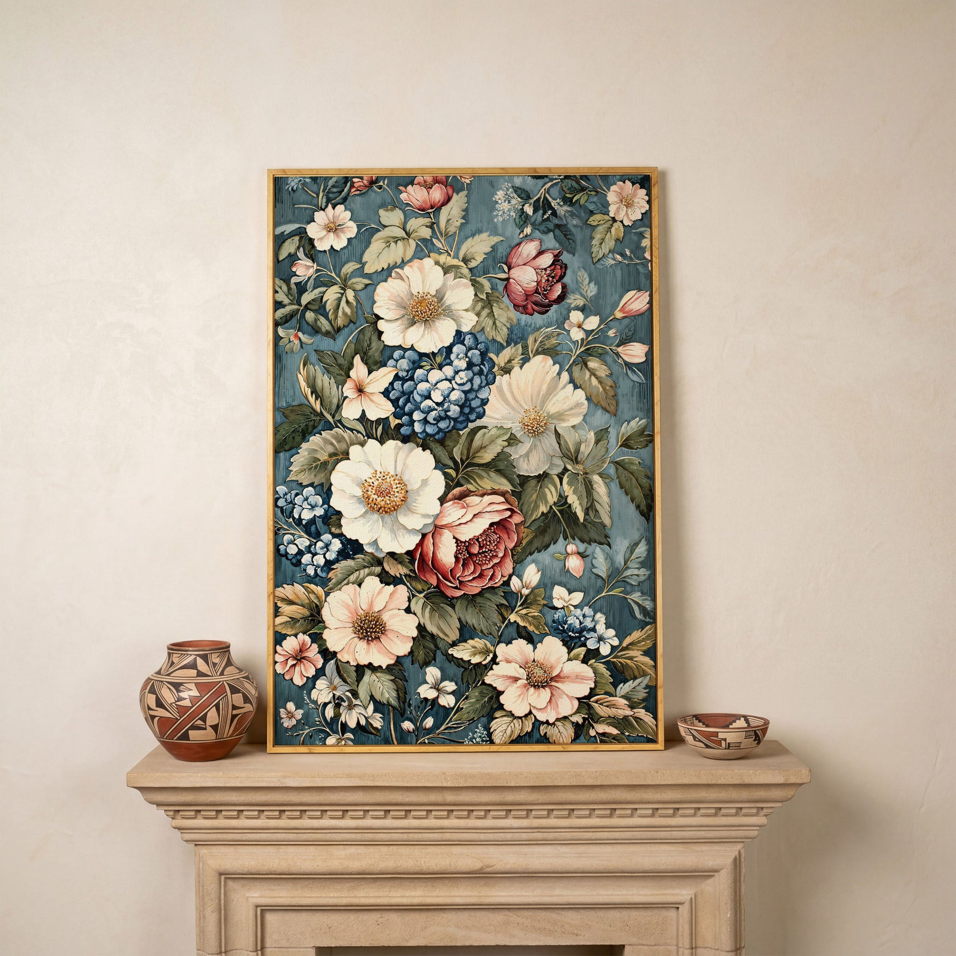 Floral Beauty Canvas Print with Dusty Blue & Blush Blooms in white oak floating frame