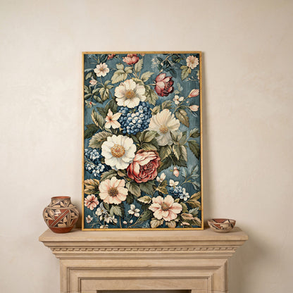 Floral Beauty Canvas Print with Dusty Blue & Blush Blooms in white oak floating frame