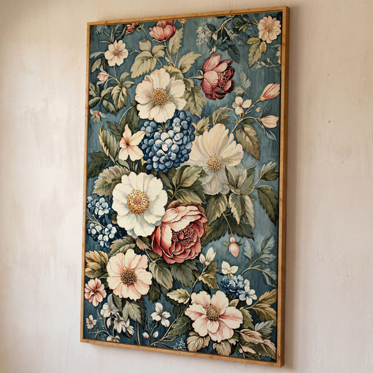 Floral Beauty Canvas Print with Dusty Blue & Blush Blooms shown in white oak floating frame