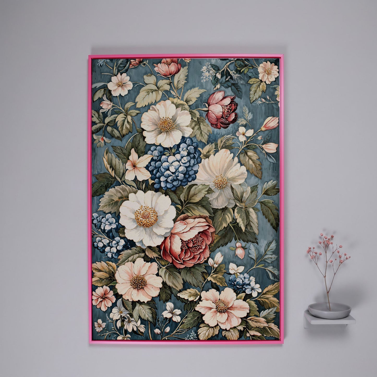 Floral Beauty Canvas Print with Dusty Blue & Blush Blooms in pink floating frame