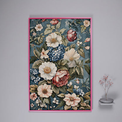 Floral Beauty Canvas Print with Dusty Blue & Blush Blooms in pink floating frame