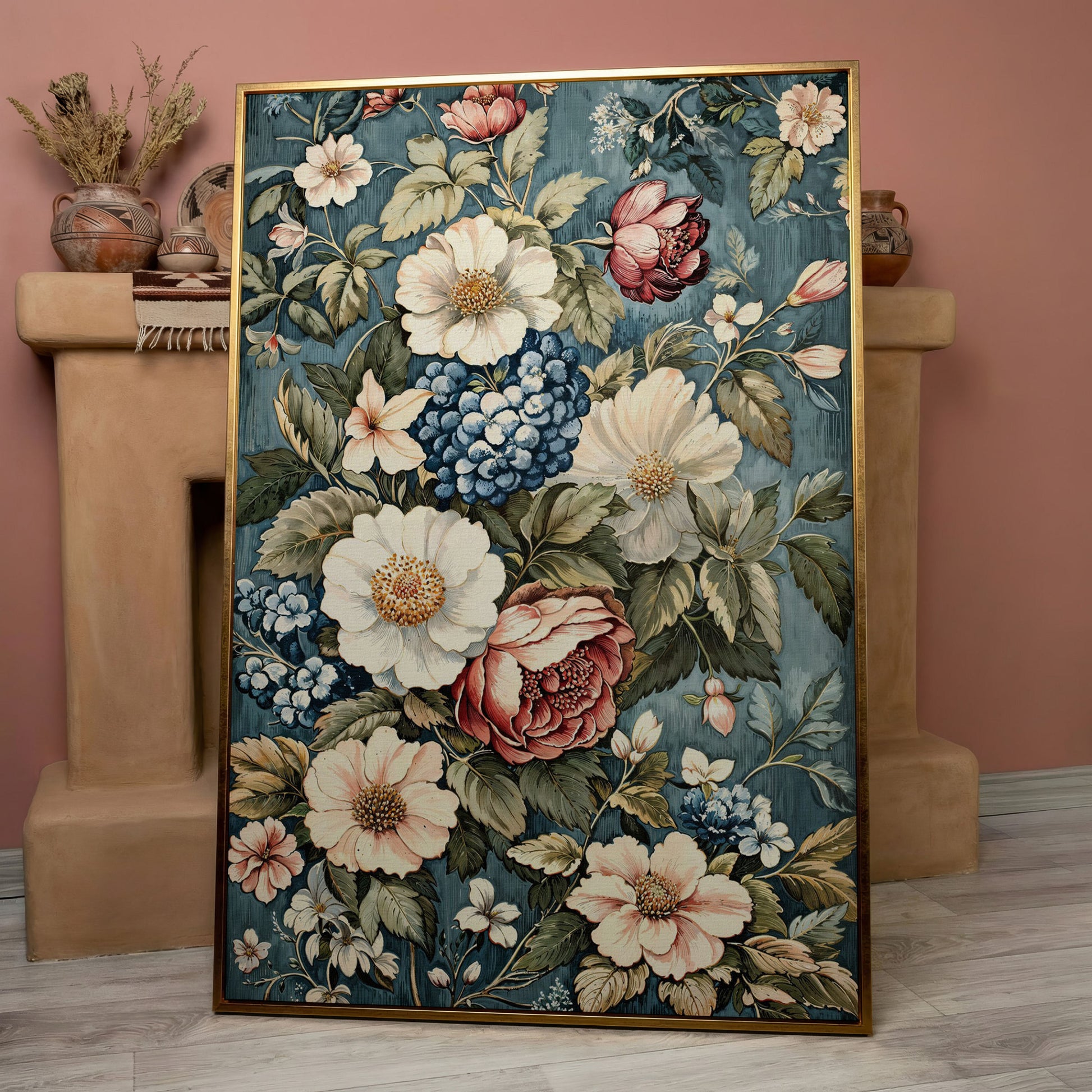 Floral Beauty Canvas Print with Dusty Blue & Blush Blooms in rose gold floating frame