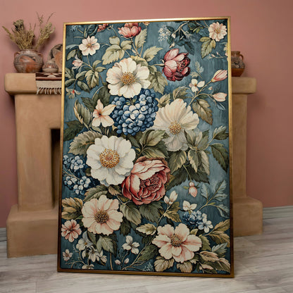 Floral Beauty Canvas Print with Dusty Blue & Blush Blooms in rose gold floating frame