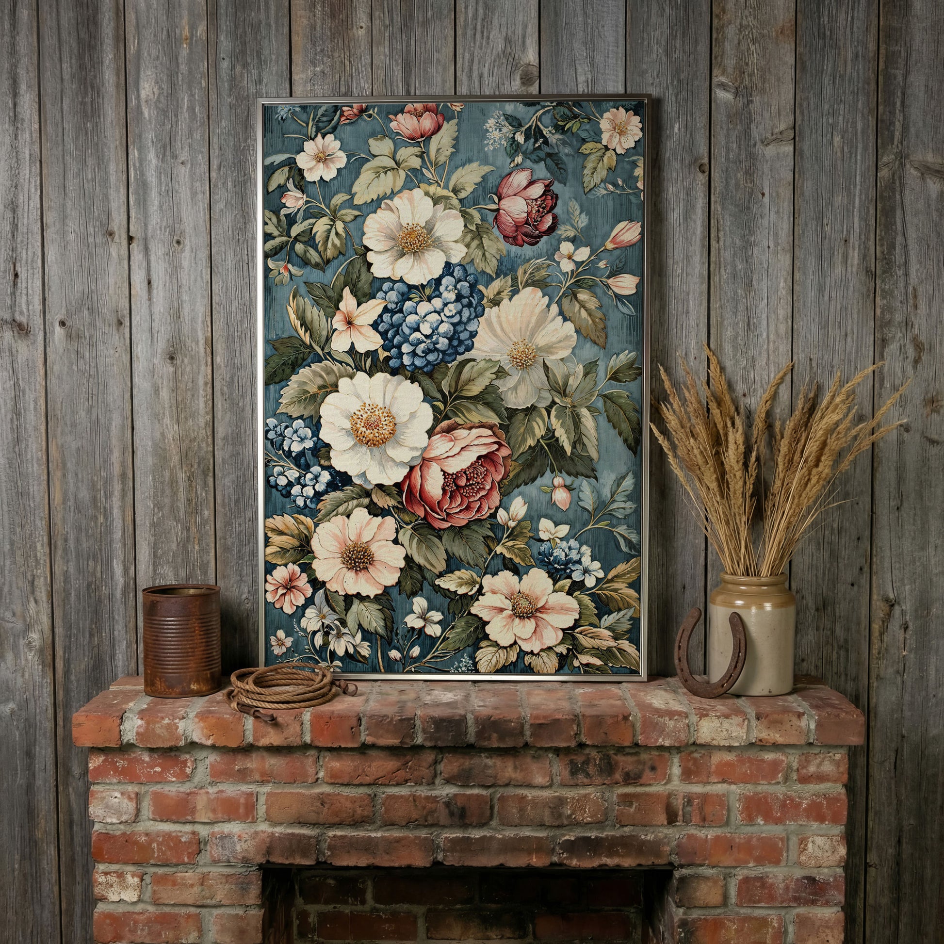 Floral Beauty Canvas Print with Dusty Blue & Blush Blooms in silver floating frame