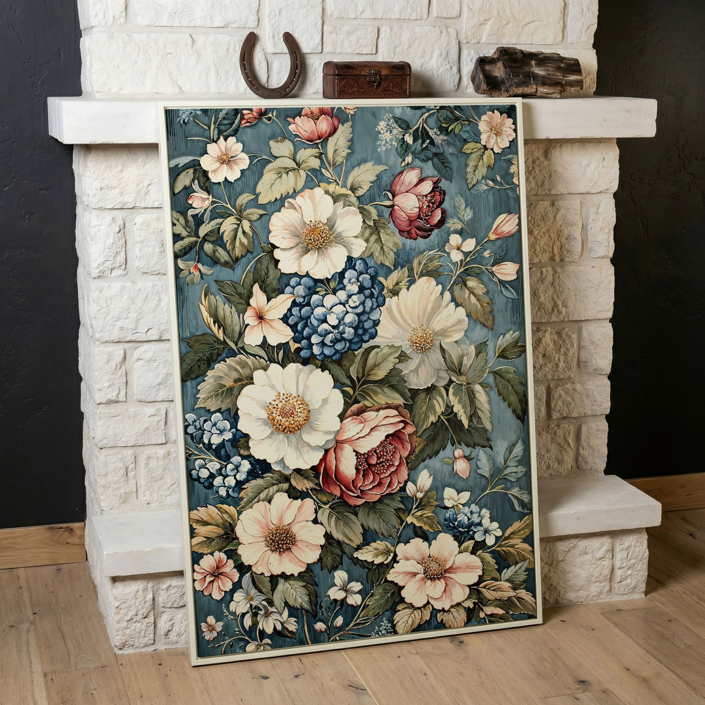 Floral Beauty Canvas Print with Dusty Blue & Blush Blooms in white floating frame
