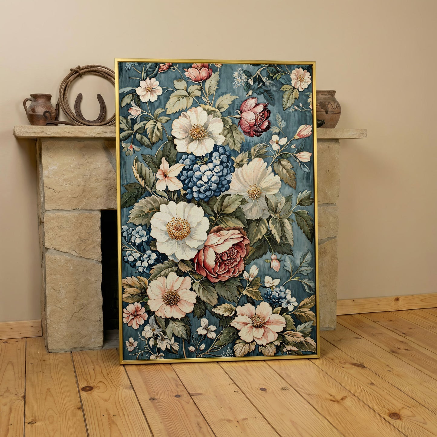 Floral Beauty Canvas Print with Dusty Blue & Blush Blooms in yellow gold floating frame