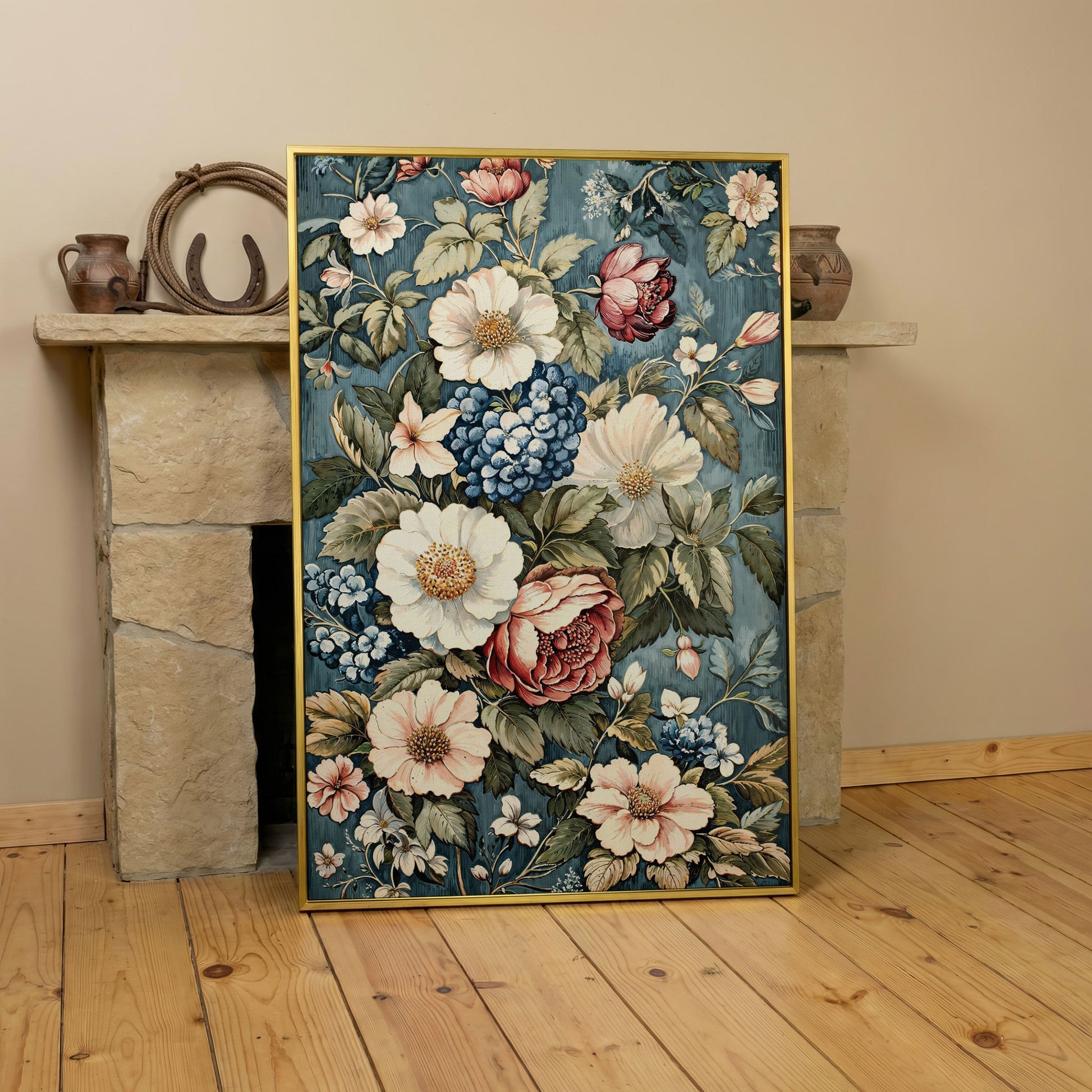 Floral Beauty Canvas Print with Dusty Blue & Blush Blooms in yellow gold floating frame
