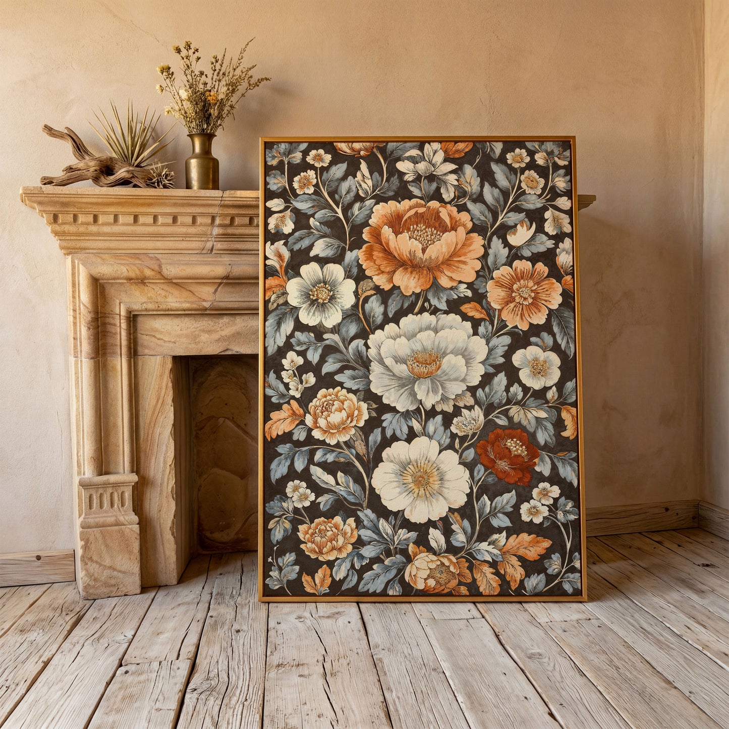 Vintage Floral Splendor Canvas Print Art in antique gold floating frame