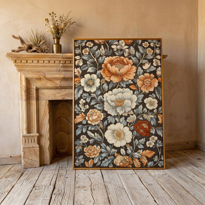 Vintage Floral Splendor Canvas Print Art in antique gold floating frame