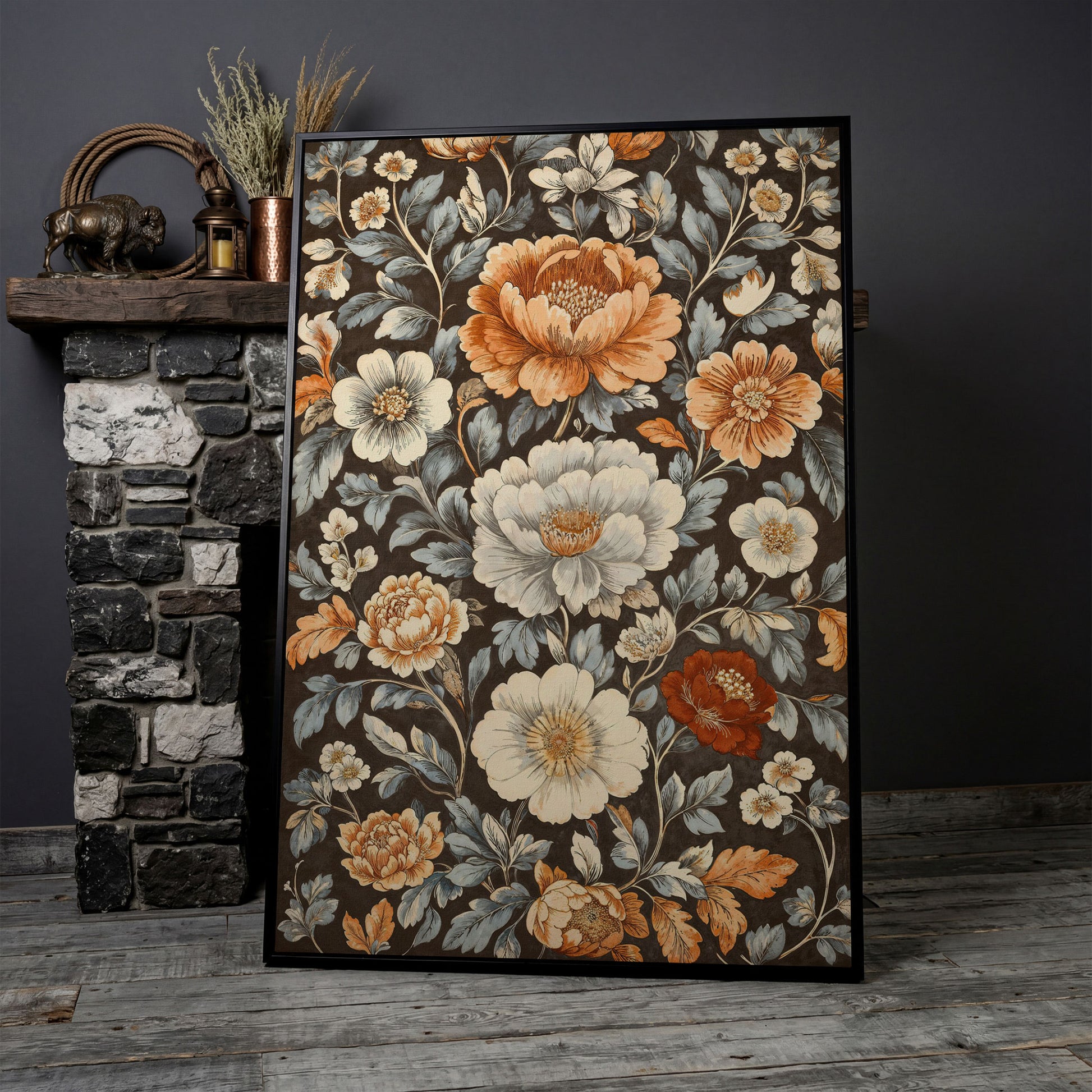 Vintage Floral Splendor Canvas Print Art in black floating frame