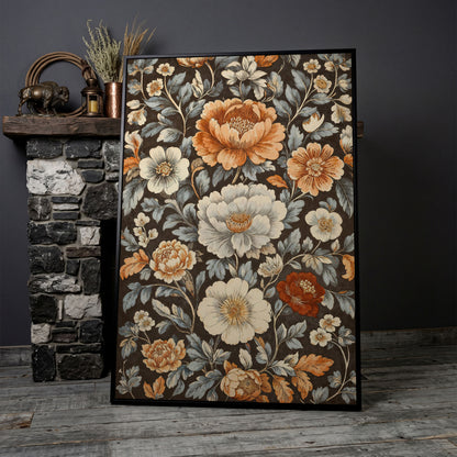 Vintage Floral Splendor Canvas Print Art in black floating frame